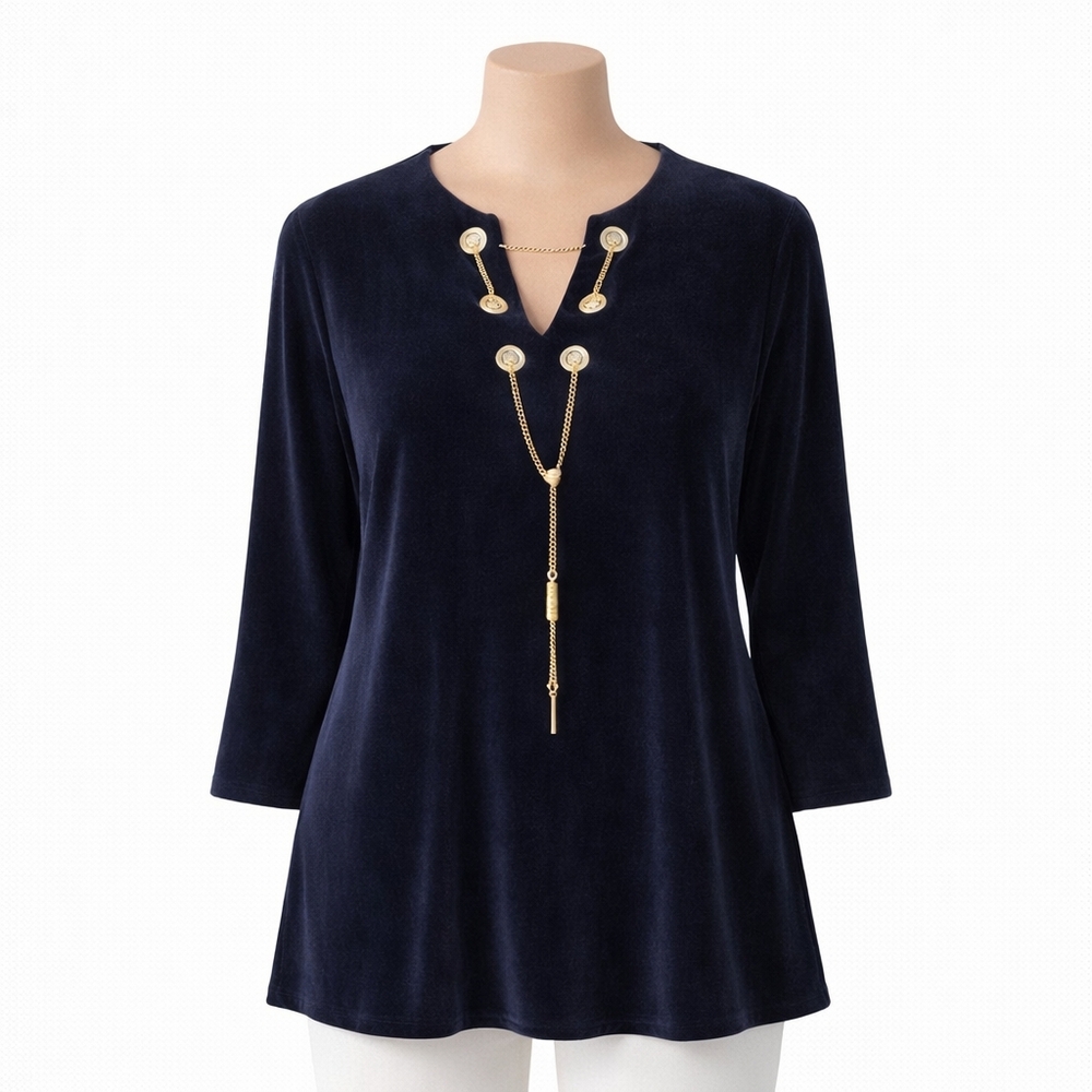 Chico’s Travelers Size 1=S Flowy Navy Blue Tunic Top Chain Detail